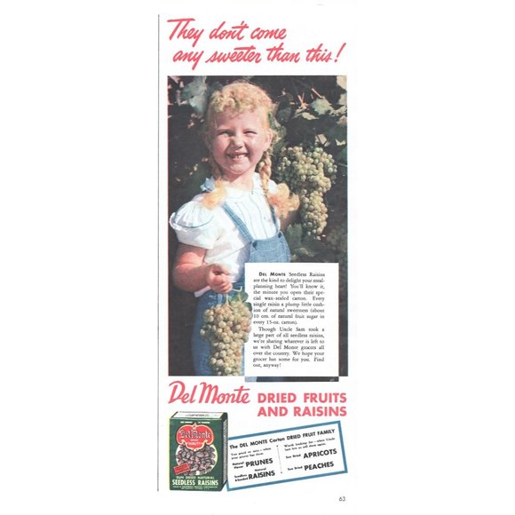 1944 Del Monte Raisins Vintage Print Ad Blonde Girl Pigtails Braids Wall Art - Picture 1 of 2